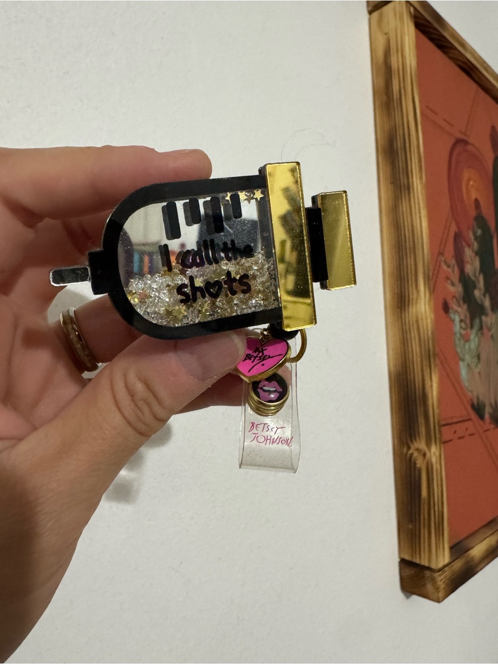Betsey Johnson Black & Gold 'I Call the Shots' Shaker Keychain with Pink Charm